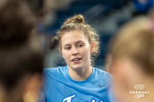 Creighton Bluejays Morgan Maly during the team huddle before a college basketball game against St. Johns on February 19th, 2025 in Omaha Nebraska. Photo by Brandon Tiedemann.