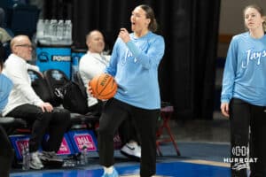 Creighton Bluejays Molly Mogensen laughs before a college basketball game against St. Johns on February 19th, 2025 in Omaha Nebraska. Photo by Brandon Tiedemann.
