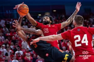 Nebraska Cornhusker guard Brice Williams (3) tries to block a shot from Maryland Terrapin guard Selton Miguel (9) in the second half during a college basketball game Thursday, February 13, 2025 in Lincoln, Nebraska. Photo by John S. Peterson.