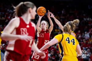 Nebraska Cornhusker guard Britt Prince (23) makes a basket against the Iowa Hawkeyes in the first quarter during a college women’s basketball game on Monday, February 10, 2025 in Lincoln, Nebraska. Photo by John S. Peterson.