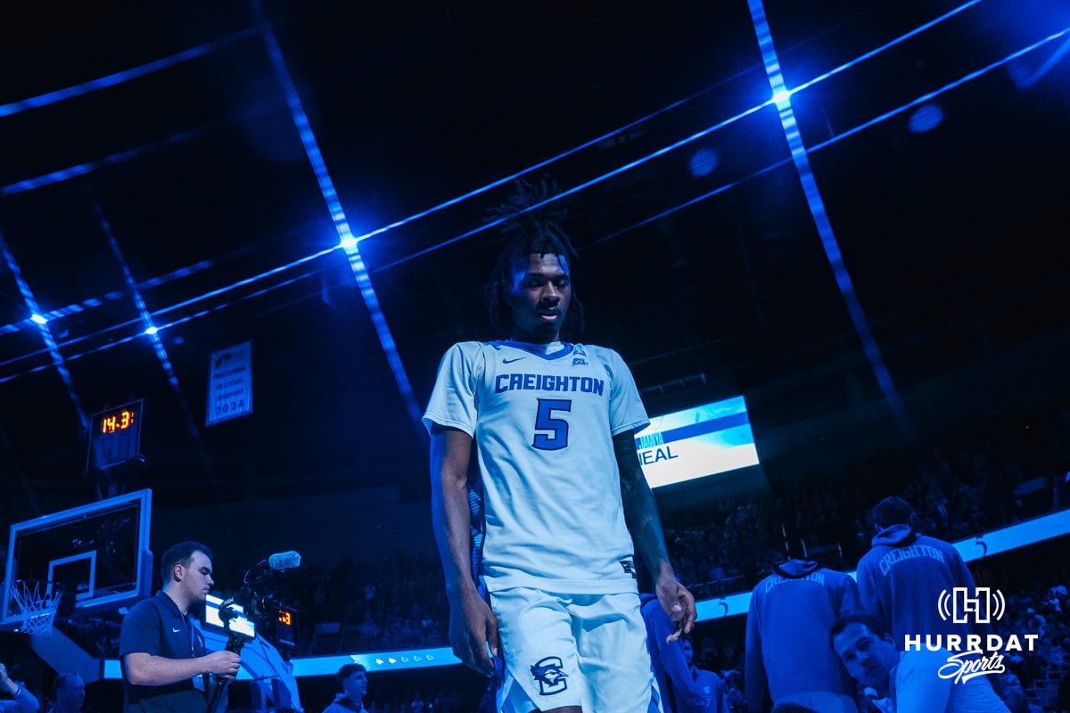 Creighton Bluejays Jamiya Neal (5) is being introduced to the fans during a college basketball game against UCONN on February 11th, 2025, in Omaha Nebraska. Photo by Brandon Tiedemann.