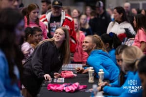 Omaha Supernovas Brooke Nuneviller (5) poses for a photo while signing autographs after the win over the San Diego Mojo during a professional volleyball match Sunday, February 16, 2025 in Omaha, Nebraska. Photo by John S. Peterson.
