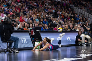 Omaha Supernovas Natalia Valentin-Anderson (1) dives for the ball trying to save it against San Diego Mojo in the third set during a professional volleyball match Sunday, February 16, 2025 in Omaha, Nebraska. Photo by John S. Peterson.