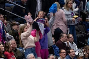 The Omaha Supernovas fans having with the Simba-Cam after the first set against San Diego Mojo during a professional volleyball match Sunday, February 16, 2025 in Omaha, Nebraska. Photo by John S. Peterson.