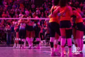 Omaha Supernovas take the first set against San Diego Mojo during a professional volleyball match Sunday, February 16, 2025 in Omaha, Nebraska. Photo by John S. Peterson.