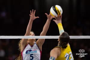Omaha Supernovas Brooke Nuneviller (5) battles at the net against San Diego Mojo Elise McGhee (23) in the first set during a professional volleyball match Sunday, February 16, 2025 in Omaha, Nebraska. Photo by John S. Peterson.