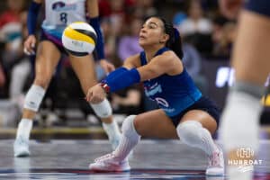 Omaha Supernovas Camila Gomez (10) covers the ball against San Diego Mojo in the first set during a professional volleyball match Sunday, February 16, 2025 in Omaha, Nebraska. Photo by John S. Peterson.