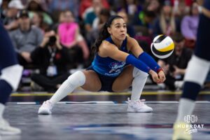 Omaha Supernovas Camila Gomez (10) passes the ball against San Diego Mojo in the first set during a professional volleyball match Sunday, February 16, 2025 in Omaha, Nebraska. Photo by John S. Peterson.