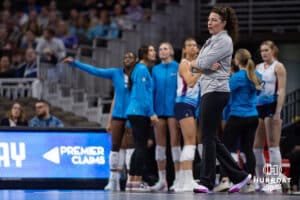 Omaha Supernovas head coach Laura "Bird" Kuhn gives instructions against San Diego Mojo in the first set during a professional volleyball match Sunday, February 16, 2025 in Omaha, Nebraska. Photo by John S. Peterson.
