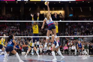 Omaha Supernovas Brooke Nuneviller (5) spikes the ball against San Diego Mojo in the first set during a professional volleyball match Sunday, February 16, 2025 in Omaha, Nebraska. Photo by John S. Peterson.