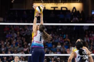 Omaha Supernovas Natalia Valentin-Anderson (1) battles at the net against San Diego Mojo during a professional volleyball match Sunday, February 16, 2025 in Omaha, Nebraska. Photo by John S. Peterson.