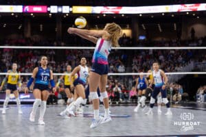 Omaha Supernovas Brooke Nuneviller (5) digs the ball against San Diego Mojo during a professional volleyball match Sunday, February 16, 2025 in Omaha, Nebraska. Photo by John S. Peterson.