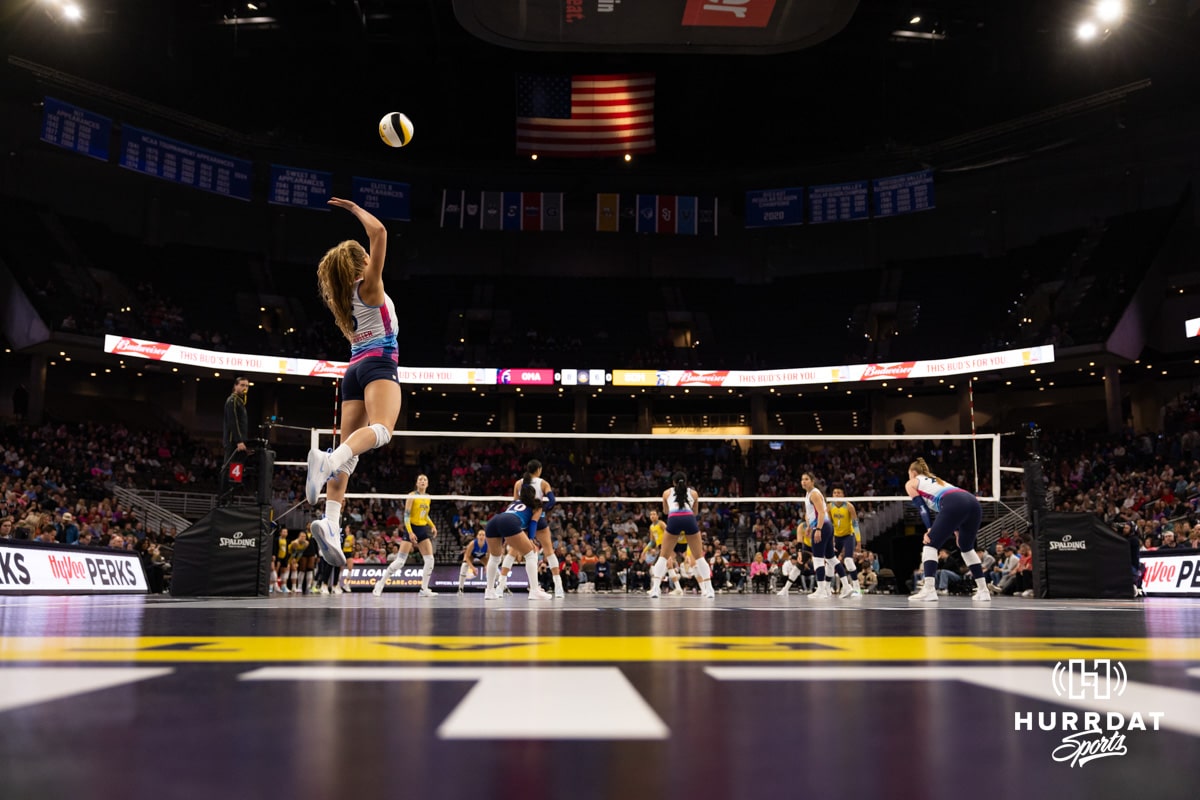 Pro Volleyball Supernovas v Mojo | February 16, 2025 Omaha Supernovas Brooke Nuneviller (5) serves the ball in the first set against San Diego Mojo during a professional volleyball match Sunday, February 16, 2025 in Omaha, Nebraska. Photo by John S. Peterson.