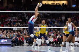 Omaha Supernovas Natalia Valentin-Anderson (1) sets the ball against the San Diego Mojo during a professional volleyball match Sunday, February 16, 2025 in Omaha, Nebraska. Photo by John S. Peterson.
