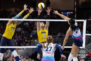 Omaha Supernovas Kayla Caffey (28) spikes the ball against the San Diego Mojo in the first set during a professional volleyball match Sunday, February 16, 2025 in Omaha, Nebraska. Photo by John S. Peterson.