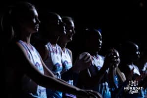 Omaha Supernovas line up for the introductions before taking on the San Diego Mojo during a professional volleyball match Sunday, February 16, 2025 in Omaha, Nebraska. Photo by John S. Peterson.