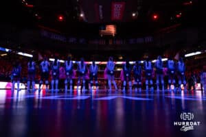 The National Anthem performed before the the Supernovas take on the Mojo during a professional volleyball match Sunday, February 16, 2025 in Omaha, Nebraska. Photo by John S. Peterson.