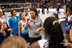 Omaha Supernovas head coach Laura "Bird" Kuhn gives a talk right before the start against San Diego Mojo during a professional volleyball match Sunday, February 16, 2025 in Omaha, Nebraska. Photo by John S. Peterson.
