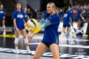 San Diego Mojo and former Nebaska player, Leyla Blackwell (26) warms up to take on the Omaha Supernovas during a professional volleyball match Sunday, February 16, 2025 in Omaha, Nebraska. Photo by John S. Peterson.
