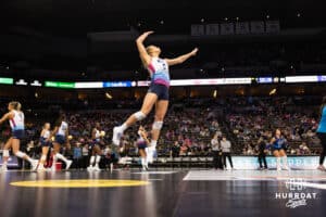 Omaha Supernovas Brooke Nuneviller (5) warming up her serve before taking on the San Diego Mojo during a professional volleyball match Sunday, February 16, 2025 in Omaha, Nebraska. Photo by John S. Peterson.