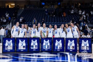 Creighton Bluejays pose for a photo with the seniors on Senior Day after the win over the Georgetown Hoyas during a college basketball game Saturday, February 15, 2025 in Omaha, Nebraska. Photo by John S. Peterson.