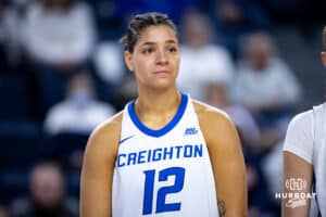 Creighton Bluejay guard Jayme Horan (12) listens to head coach Jim Flanery on Senior Day after the win over the Georgetown Hoyas during a college basketball game Saturday, February 15, 2025 in Omaha, Nebraska. Photo by John S. Peterson.