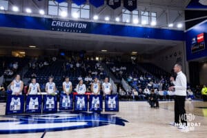 Creighton Bluejay head coach Jim Flanery talks about the seniors on Senior Day after the win against the Georgetown Hoyas during a college basketball game Saturday, February 15, 2025 in Omaha, Nebraska. Photo by John S. Peterson.