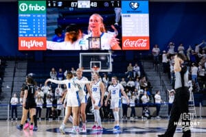 Creighton Bluejays celebrates Mallory Brake (14) three-point shot against the Georgetown Hoyas in the fourth quarter during a college basketball game Saturday, February 15, 2025 in Omaha, Nebraska. Photo by John S. Peterson.