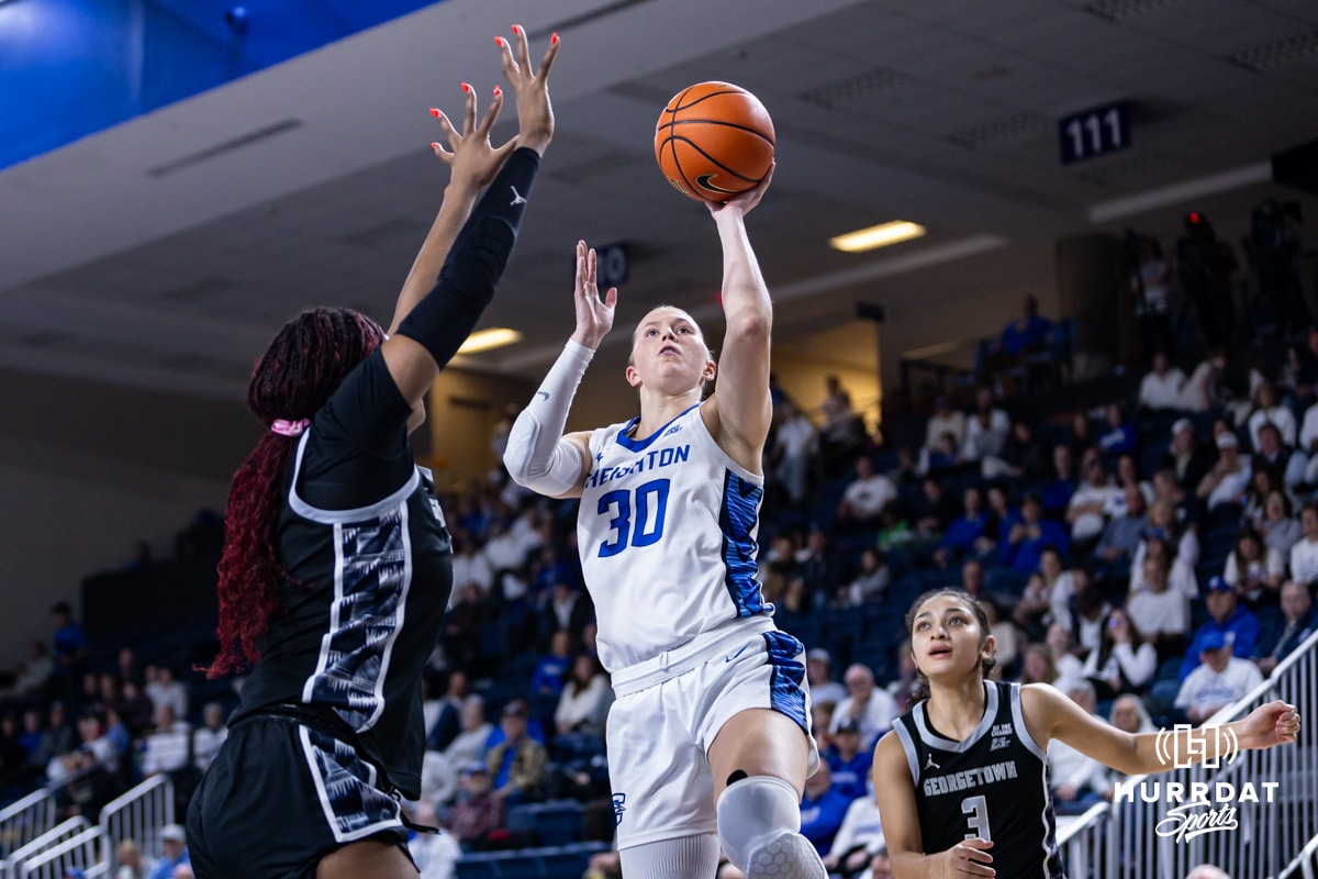 Creighton Bluejay guard Morgan Maly (30) makes a jump shot against the Georgetown Hoyas in the third quarter during a college basketball game Saturday, February 15, 2025 in Omaha, Nebraska. Photo by John S. Peterson.