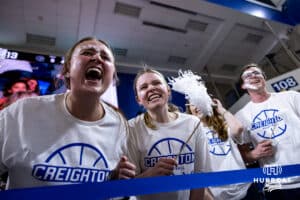 Creighton Bluejays Spirit Squad cheering during a college basketball game Georgetown Hoyas Saturday, February 15, 2025 in Omaha, Nebraska. Photo by John S. Peterson.