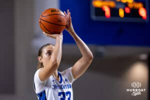 Creighton Bluejay guard Brooke Littrell (33) shooting a free throw against the Georgetown Hoyas in the first quarter during a college basketball game Saturday, February 15, 2025 in Omaha, Nebraska. Photo by John S. Peterson.