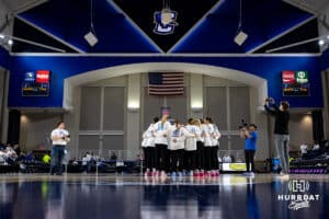 Creighton Bluejays huddle up warming up for Georgetown Hoyas during a college basketball game Saturday, February 15, 2025 in Omaha, Nebraska. Photo by John S. Peterson.