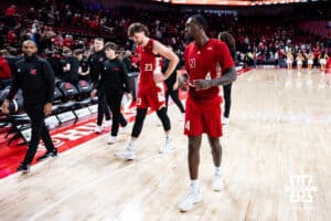 Nebraska Cornhuskers Andrew Morgan (23) and Juwan Gary walk to the locker room after the loss to the Maryland Terrapins during a college basketball game Thursday, February 13, 2025 in Lincoln, Nebraska. Photo by John S. Peterson.