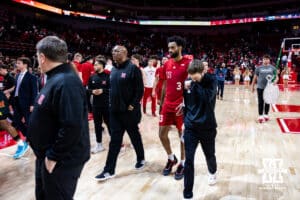 Nebraska Cornhusker guard Brice Williams (3) walks to the locker room after the loss to Maryland Terrapins during a college basketball game Thursday, February 13, 2025 in Lincoln, Nebraska. Photo by John S. Peterson.