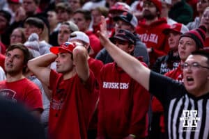 Nebraska Cornhuskers fans react to the game against the Maryland Terrapins at the end of the second half during a college basketball game Thursday, February 13, 2025 in Lincoln, Nebraska. Photo by John S. Peterson.
