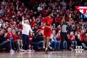 Nebraska Cornhusker guard Brice Williams (3) runs back down the court after making a three-point shot against the Maryland Terrapins in the second half during a college basketball game Thursday, February 13, 2025 in Lincoln, Nebraska. Photo by John S. Peterson.