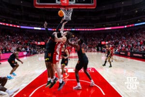 Nebraska Cornhusker center Braxton Meah (34) reaches fo the rebound against Maryland Terrapin center Derik Queen (25) in the second half during a college basketball game Thursday, February 13, 2025 in Lincoln, Nebraska. Photo by John S. Peterson.