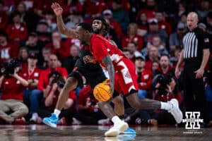 Nebraska Cornhusker forward Juwan Gary (4) drives to the basket against Maryland Terrapin guard Selton Miguel (9) in the second half during a college basketball game Thursday, February 13, 2025 in Lincoln, Nebraska. Photo by John S. Peterson.