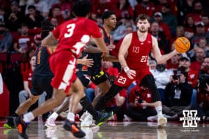 Nebraska Cornhusker forward Andrew Morgan (23) makes a pass to Nebraska Cornhusker guard Brice Williams (3) against Maryland Terrapin guard Rodney Rice (1) in the second half during a college basketball game Thursday, February 13, 2025 in Lincoln, Nebraska. Photo by John S. Peterson.