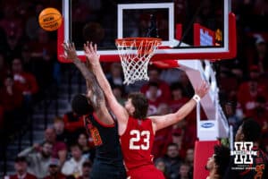 Nebraska Cornhusker forward Andrew Morgan (23) and Maryland Terrapin forward Julian Reese (10) reach for a rebound in the second half during a college basketball game Thursday, February 13, 2025 in Lincoln, Nebraska. Photo by John S. Peterson.