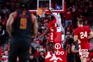 Nebraska Cornhusker forward Juwan Gary (4) makes a dunk against the Maryland Terrapins in the second half during a college basketball game Thursday, February 13, 2025 in Lincoln, Nebraska. Photo by John S. Peterson.
