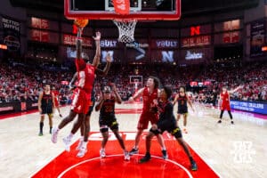 Nebraska Cornhusker forward Juwan Gary (4) makes a layup against the Maryland Terrapins in the first half during a college basketball game Thursday, February 13, 2025 in Lincoln, Nebraska. Photo by John S. Peterson.