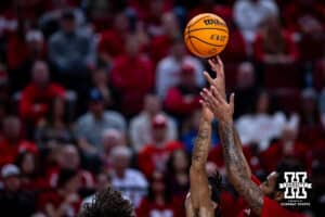 Nebraska Cornhusker guard Brice Williams (3) makes a basket against the Maryland Terrapins in the first half during a college basketball game Thursday, February 13, 2025 in Lincoln, Nebraska. Photo by John S. Peterson.