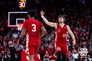 Nebraska Cornhusker forward Andrew Morgan (23) celebrates making a three-point shot in the first half against the Maryland Terrapins during a college basketball game Thursday, February 13, 2025 in Lincoln, Nebraska. Photo by John S. Peterson.