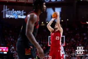 Nebraska Cornhusker forward Andrew Morgan (23) makes a three-point shot against the Maryland Terrapins in the first half during a college basketball game Thursday, February 13, 2025 in Lincoln, Nebraska. Photo by John S. Peterson.