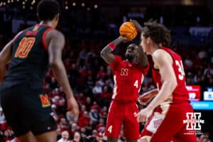 Nebraska Cornhusker forward Juwan Gary (4) makes a basket against the Maryland Terrapins in the first half during a college basketball game Thursday, February 13, 2025 in Lincoln, Nebraska. Photo by John S. Peterson.