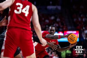 Nebraska Cornhusker forward Juwan Gary (4) makes a pass to Braxton Meah against the Maryland Terrapins in the first half during a college basketball game Thursday, February 13, 2025 in Lincoln, Nebraska. Photo by John S. Peterson.