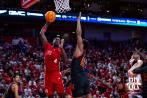 Nebraska Cornhusker forward Juwan Gary (4) makes a layup against Maryland Terrapin forward Julian Reese (10) in the first half during a college basketball game Thursday, February 13, 2025 in Lincoln, Nebraska. Photo by John S. Peterson.
