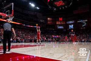 Nebraska Cornhusker center Braxton Meah (34) shoots a free throw against the Maryland Terrapins in the first half during a college basketball game Thursday, February 13, 2025 in Lincoln, Nebraska. Photo by John S. Peterson.