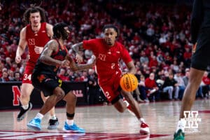 Nebraska Cornhusker guard Ahron Ulis (2) drives to the basket against Maryland Terrapin guard Selton Miguel (9) in the first half during a college basketball game Thursday, February 13, 2025 in Lincoln, Nebraska. Photo by John S. Peterson.